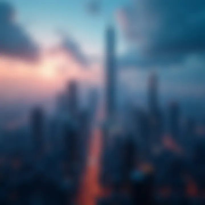 A futuristic city skyline representing emerging tech companies.