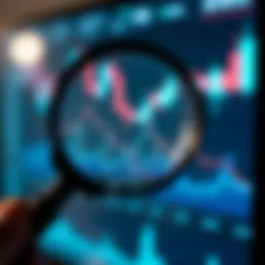 A magnifying glass focusing on stock market charts.