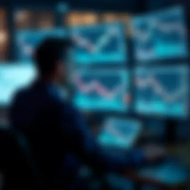 Analyzing Stock Charts Alone A solitary figure analyzing stock charts on multiple screens