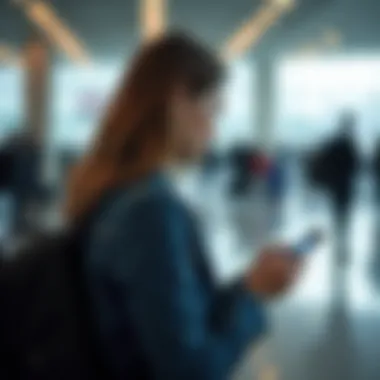 Traveler using a credit card at an international airport